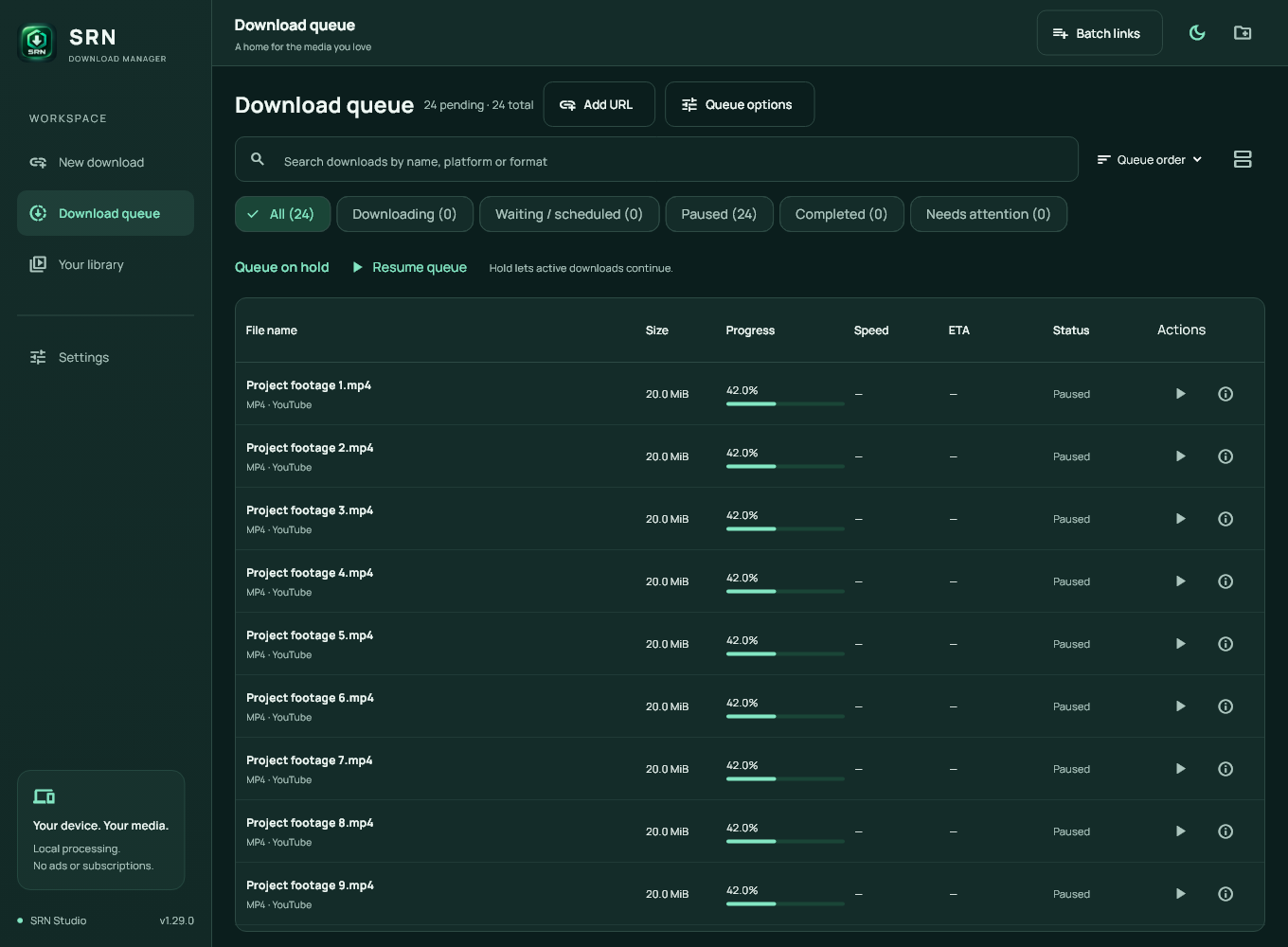 SRN desktop download queue with search, status filters, sortable columns, progress and resume actions. Sample project files are shown.